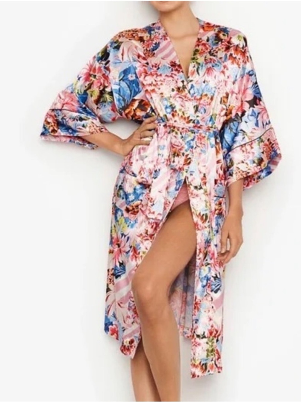 Victoria's Secret Pink Multicolor Floral Satin Kimono Robe